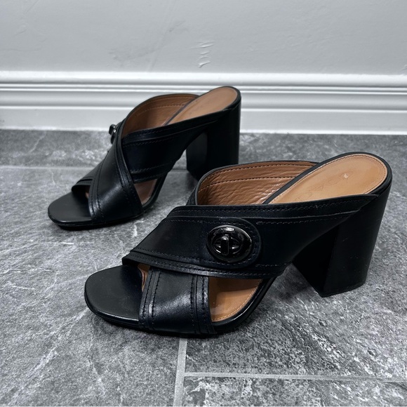 Coach Meggie Black Leather Open-Toe Block Heel Mules Size 7.5B - Picture 4 of 16